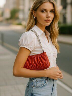 VINTAGE Y2K SABINA NY Ruched Red Leather Bag Purse Chain Strap Clutch Shoulder